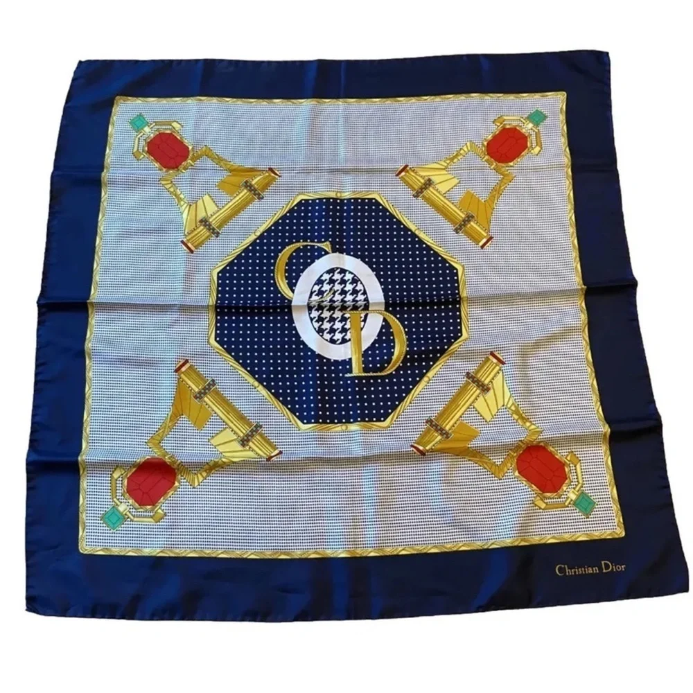 Christian Dior vintage Silk Scarf CD logo polka dot jewels RARE